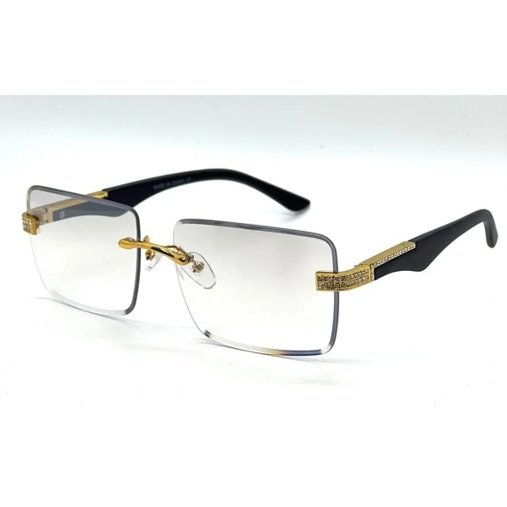 Frameless Square Sunglasses Women Gold Frame Clear Lens Eyewear Rhinestone Gafas
